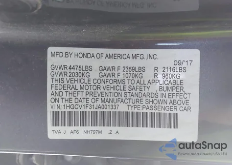 2018 Honda Accord Sport from USA, damaged, VIN 1HGCV1F31JA001337